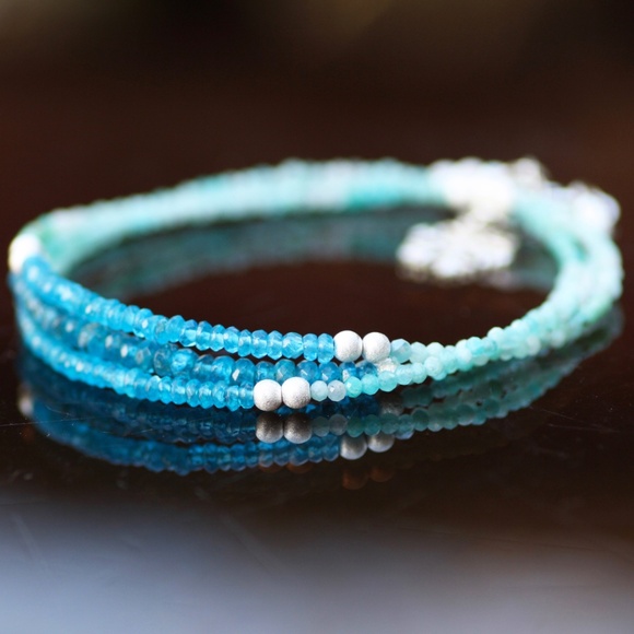 Natural Neon Blue Apatite, Amazonite Necklace / Wrap Bracelet Sterling Silver - Picture 3 of 12